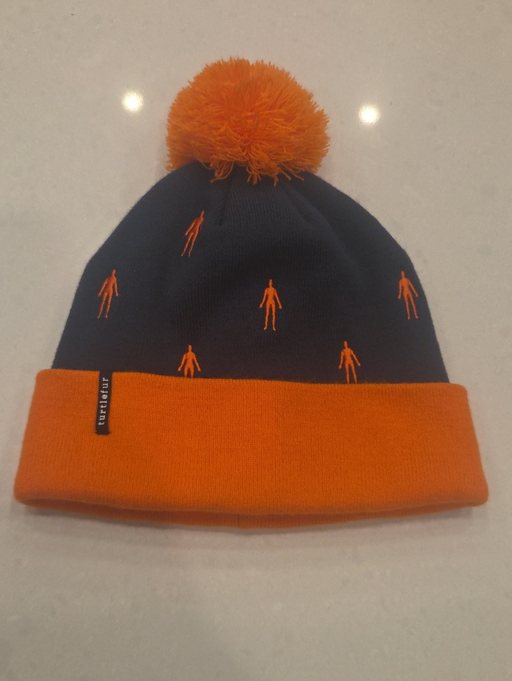 Turtledove Two-Tone Pom Beanie Hat - Navy and Orange